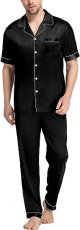 Men's Silk Satin Pajama Set Short Sleeve Classic Sleepwear Button Down Loungewear with Long Pants