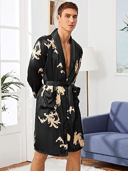 Men's Silk Bathrobes Long Sleeve Satin Kimono Robe with Shorts  Pajamas Set