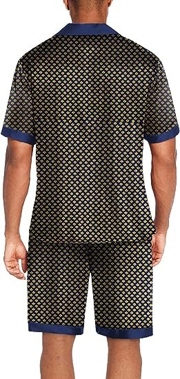 Men Satin Silk Pajamas Set with Pockets Summer Loungewear 2 Piece Button Down Set